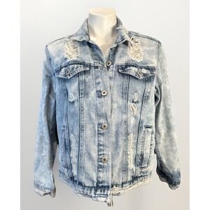 Highway Jeans Small Button-Up Long Sleeve Distressed Acid‎ Washed Denim Jacket
